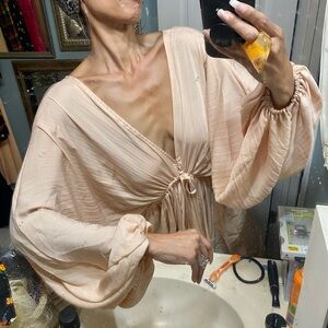 Free People puff balloon sleeve plunge full sweep boho dress elastic V jersey